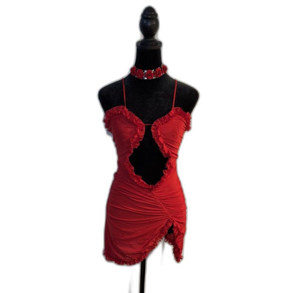 EGO Red Mesh Cutout Mini Dress — Ruched Wrap Skirt, Frill Trim, Going Out